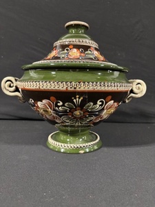 lot 55 image: Majolica Green Lidded Tureen with Floral Motif