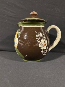 lot 57 image: Brown Ceramic Jar With Lid - Floral Motif & Children Figures