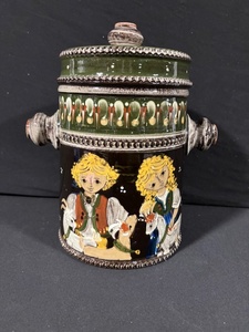 lot 58 image: Hand-Painted Ceramic Lidded Canister with Folk Scene