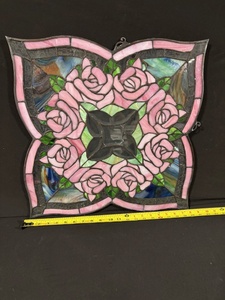 lot 60 image: Pink Rose Stained Glass Panel - Floral Window Art