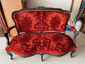 lot A-68 image: Antique Velvet Damask Settee with Carved Black Frame