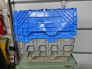 lot 38 image: MSRP $400 Lot 5 of Monoflo Buckhorn Style Heavy-Duty Stackable Plastic Storage Totes  Distribution Bins &nbspNestable Totes Industrial Grade, Reusable, Attached Lids  Great Clean Condition Approx. 21x15x12&nbsp