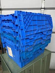 lot 39 image: MSRP $400 Lot 5 of Monoflo Buckhorn Style Heavy-Duty Stackable Plastic Storage Totes  Distribution Bins &nbspNestable Totes Industrial Grade, Reusable, Attached Lids  Great Clean Condition Approx. 21x15x12&nbsp