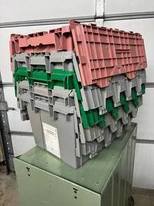 lot 43 image: MSRP $400 Lot 5 of Monoflo Buckhorn Style Heavy-Duty Stackable Plastic Storage Totes  Distribution Bins &nbspNestable Totes Industrial Grade, Reusable, Attached Lids  Great Clean Condition Approx. 21x15x12&nbsp