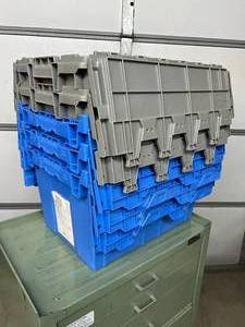 lot 40 image: MSRP $400 Lot 5 of Monoflo Buckhorn Style Heavy-Duty Stackable Plastic Storage Totes  Distribution Bins &nbspNestable Totes Industrial Grade, Reusable, Attached Lids  Great Clean Condition Approx. 21x15x12&nbsp