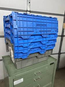 lot 41 image: MSRP $400 Lot 5 of Monoflo Buckhorn Style Heavy-Duty Stackable Plastic Storage Totes  Distribution Bins &nbspNestable Totes Industrial Grade, Reusable, Attached Lids  Great Clean Condition Approx. 21x15x12&nbsp