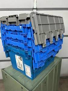 lot 31 image: MSRP $400 Lot 5 of Monoflo Buckhorn Style Heavy-Duty Stackable Plastic Storage Totes  Distribution Bins &nbspNestable Totes Industrial Grade, Reusable, Attached Lids  Great Clean Condition Approx. 21x15x12&nbsp