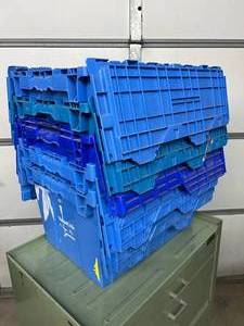 lot 42 image: MSRP $400 Lot 5 of Monoflo Buckhorn Style Heavy-Duty Stackable Plastic Storage Totes  Distribution Bins &nbspNestable Totes Industrial Grade, Reusable, Attached Lids  Great Clean Condition Approx. 21x15x12&nbsp