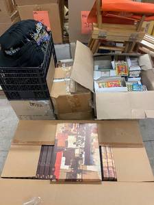 lot 76 image: Bulk Lot of Board Games, Playing Cards, Trivia Decks, Artwork, Bar Stools, and Mickey Hats
