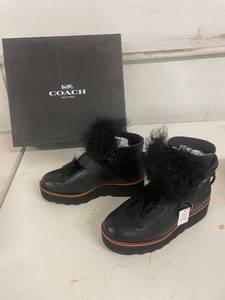 lot 136 image: Coach Urban Hiker Shearling Black Leather Boots Size 6M with Box