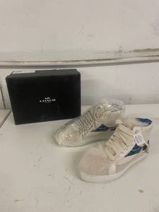 lot 139 image: Coach Womens High Top Sneakers with Blue Pattern and Fur Trim, Original Box