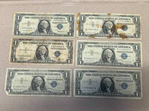 lot 23 image: 6 Washington One Dollar Silver Certificates