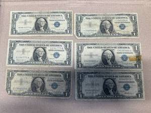 lot 24 image: 6 Washington One Dollar Silver Certificates