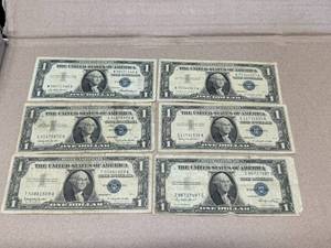 lot 25 image: 6 Washington One Dollar Silver Certificates