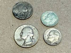 lot 27 image: 1948 Washington Quarter, 2 Silver Roosevelt Dimes & 1936 Buffalo Nickle