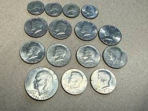 lot 28 image: Bicentennial Ike Dollar, 10 Kennedy Half Dollars & 4 Bicentennial Quarters