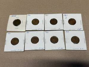 lot 37 image: 1885 Indian Penny &amp 7 1920s Wheat Pennies