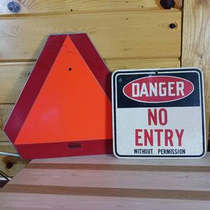 lot 9 image: Metal reflective triangle sign (16 inches) (heavy duty) and Cardboard Danger No Entry Sign