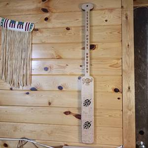 lot 20 image: Nice Wood, Faux boat oar Stevens point brewery, laser engraved sign with hops cut in the paddle � Made in USA � Great Quality Finished wood