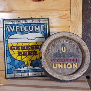 lot 36 image: Genesee Beer, Faux Stained glass Welcome sign. Plastic Dortmunder Barrel end sign (damage)