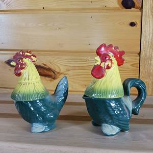 lot 54 image: Rooster and Hen salt and pepper shaker heads with cream and sugar lower halves, ceramic � 4 Piece set � Very Unique