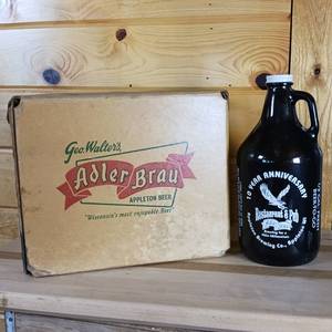 lot 57 image: Adler Brau Growler 1 gallon plus returnable box for 6 x 32 ounce bottles