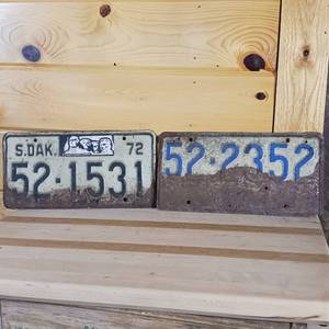 lot 61 image: Lot of 2 South Dakota 1972 with Mount Rushmore � See damage, raised letters, full size 12 inch plate