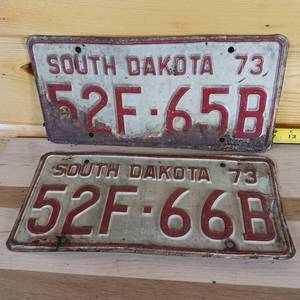 lot 70 image: 1973 Consecutive one digit apart plates embossed full size 1973 from South Dakota