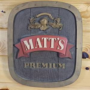 lot 86 image: Matts Premium Beer sign 12 inches, faux foamy wood construction