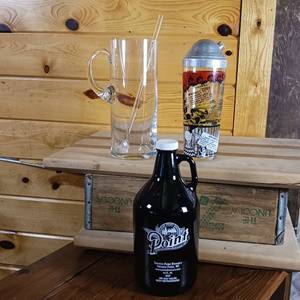 lot 119 image: Point Brewery Growler � gallon, (tall) shaker cup with recipes, Tall Hand Blown Pitcher with long glass stir rod