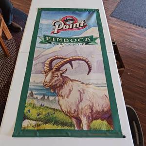 lot 194 image: Point Cloth Fabric Wall Hanging Banner � Like New � Einblock Maibock Style � Featuring a ram � two grommets on top and a stick on bottom.  High Quality
