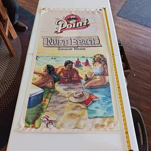lot 195 image: Point Cloth Fabric Wall Hanging Banner � Like New � Nude Beach Summer Wheat� Featuring a beach scene (Remember Summer) � two grommets on top and a stick on bottom.  High Quality