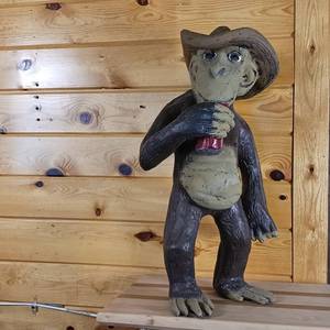 lot 228 image: Cast Aluminum Statue (Heavy)  - Chimpanzee Standing up Drinking a Beer � Over 25 inches Tall.  Minimum Bid Required