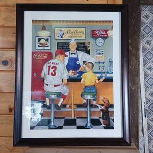 lot 229 image: Coca Cola Advertising Reproduction in Frame with Glass � Blue Bunny Ice Cream � Le Marrs with baseball glove � Begging Beagle for a banana split