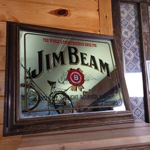 lot 230 image: Jim Beam Mirror for Advertising � Wooden Frame Vintage � Worlds Finest