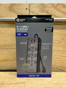 lot 46 image: Commercial Electric 6 ft. 12-Outlet Black Surge Protector with USB