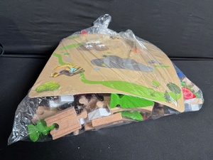 lot 104 image: Wooden Train Track Set with Red Bridge and Green Scenery