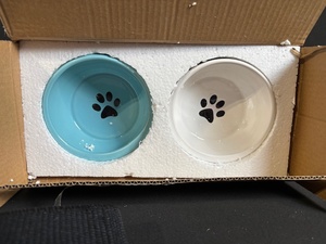 lot 184 image: Cat Bowl - Elevated, White & Lake Blue (Lot of 2)