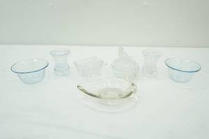 lot 52 image: Anchor-Hocking Fire King Philbe Sapphire Blue Ovenware Custard Cups, Crystal Trinket Dish, toothpick holders, wagon