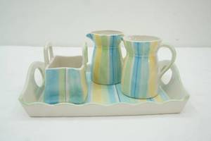 lot 55 image: Handcrafted Sugar, Creamer, Basket, Tray Set