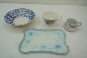 lot 64 image: Vintage Pottery 18th Century Ceramic Serving Bowl , Vintage Porcelain Vanity tray , 2 vintage cups