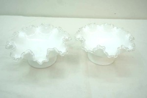 lot 74 image: Vintage Fenton Silver Crest Milk Glass Footed ruffled Compote (2) 4 x8