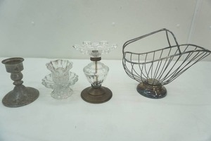 lot 79 image: Vintage Candle stick holders , one pewter, glass , glass and pewter, wire bottle holder