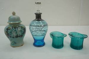 lot 88 image: Vintage Blue Glass decanter with silver overlay, Avon toothpick holders, Vintage Satsuma Art Lidded jar