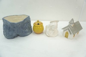 lot 89 image: Ceramic blue jean planter, Honey Bee jar, Church, Mary flower holder