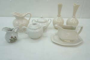 lot 92 image: Vintage Lenox vases, Real English Ironstone  gravy boat and plate, Royal Wessex sugar bowl, Enesco Grape Pitcher,