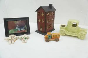 lot 93 image: Vintage Ford Model T pottery planter, candle church building, rabbit picture, 2 cloth bunnies