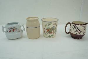 lot 96 image: Vintage English ware pitcher, Royal Ironstone China 2 handled dish, stoneware canister no lid, garden design canister