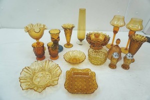 lot 103 image: Vintage Fenton Amber Hobnail Pedestal compote ruffled vase, Fenton Wisteria Tree of Life amber ruffled compote dish,  amber candle holders, dishes
