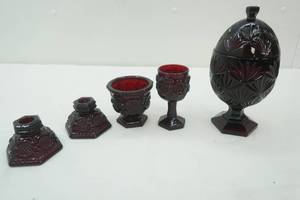 lot 111 image: Vintage Luminarc Cristal d Arques Durand Ruby red glass pedestal egg candy dish, Avon Cape Cod Red Ruby glass , stemmed dish, 2 candle holders